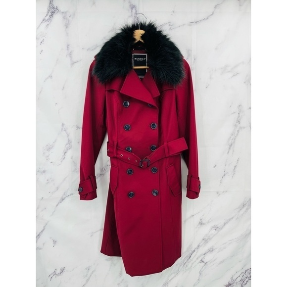 Runway New York Faux Fur Double Breasted Trench Coat Deep Red - Picture 3 of 6